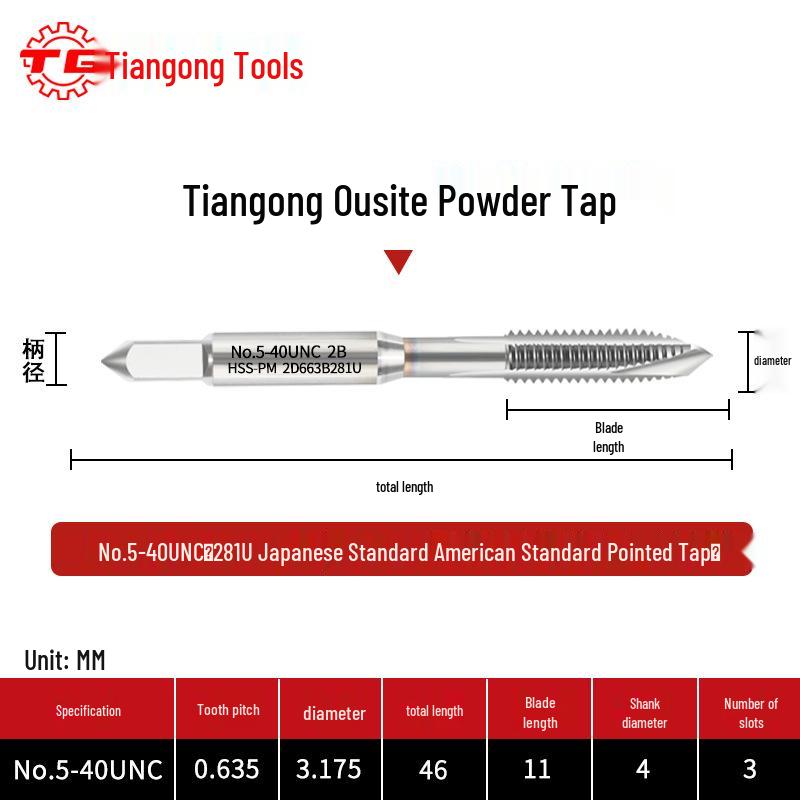 

Tiangong 282U High-Speed Steel Spiral Point Tap, American & Japanese Standards.