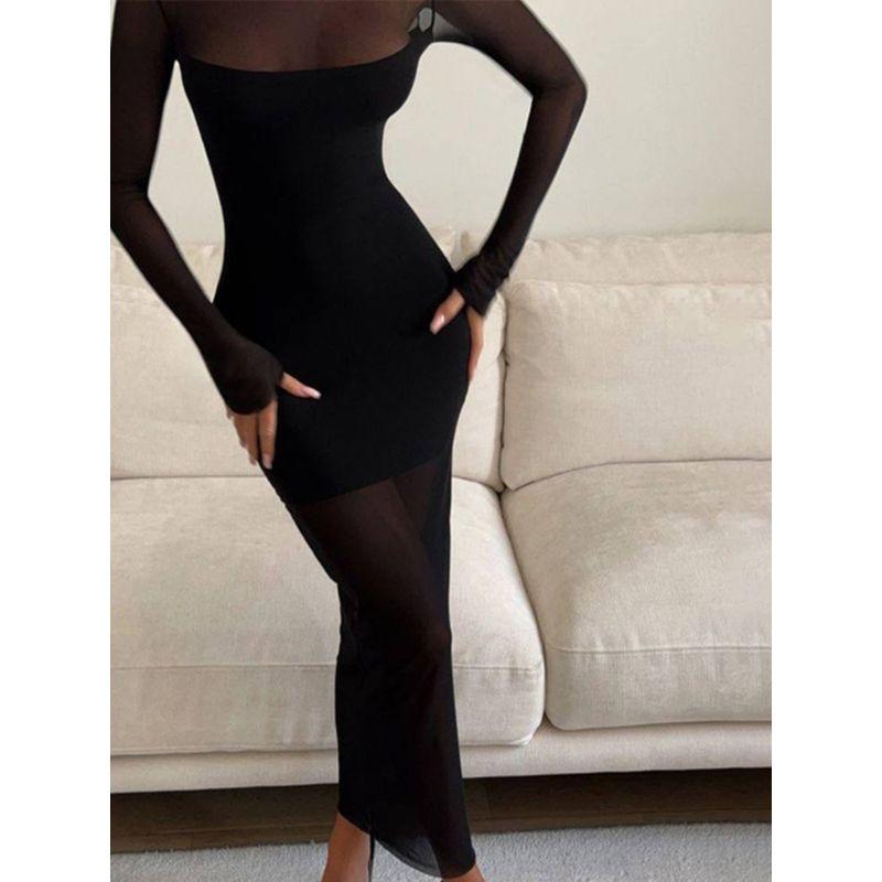 Fashion Elegant Sexy See-through Mesh Patchwork Dress Fashionable Slim-Fit Sheath Long Sleeves Black Primer Dress