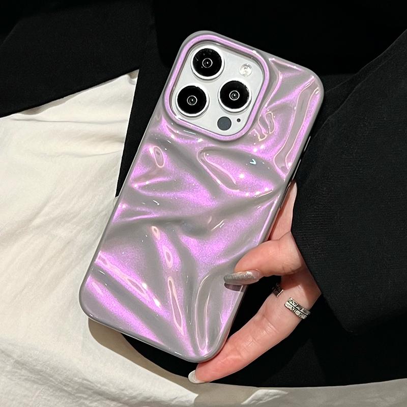 Fashion Dazzling Purple Glossy Wrinkled Texture Case For iPhone 16 Pro Max 17 15 14 Plus 13 12 11 Soft Phone Back Cover Shell