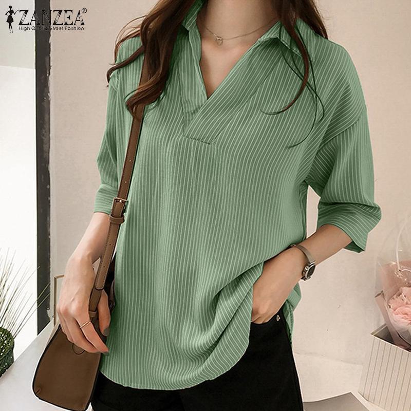 

ZANZEA Женская повседневная летняя блузка в полоску с отложным воротником и половиной рукавов