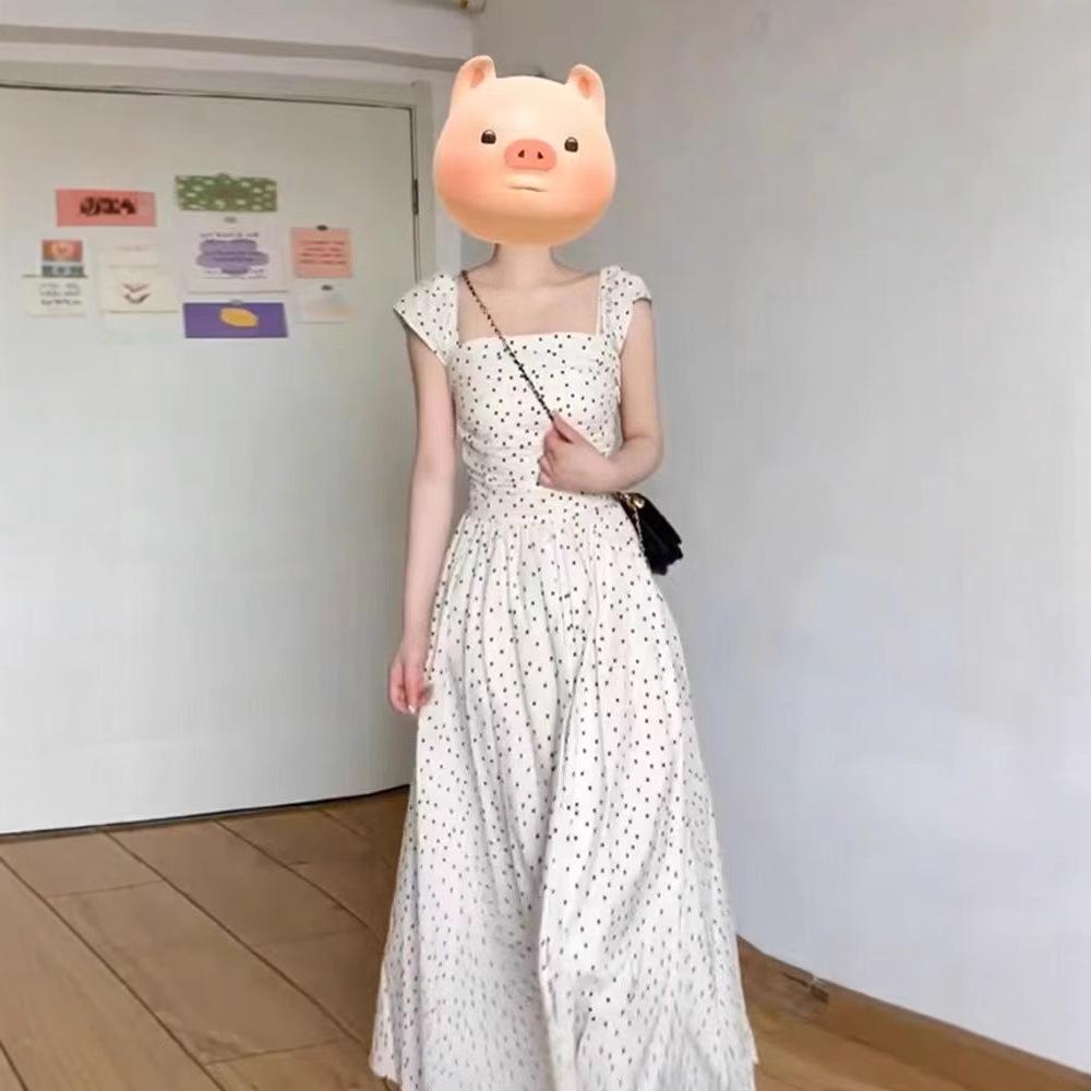 2025 Summer French Polka Dot Puff Sleeve Square Neck Long Dress for Women