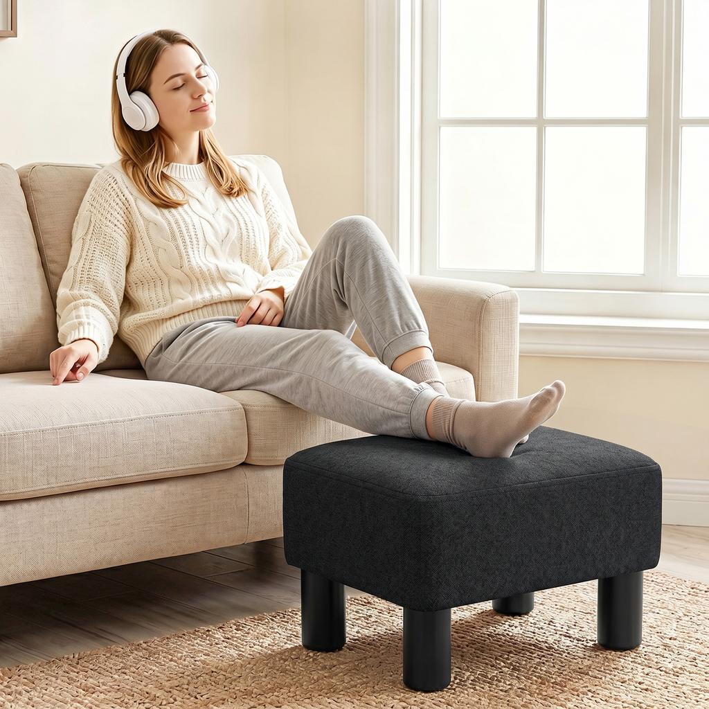 Linen Fabric Footstool Ottoman Cube With 4 Plastic Legs Black