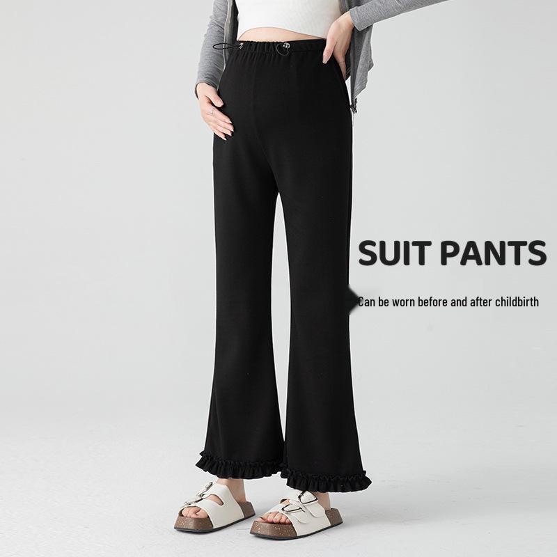 High Waist Ruffle Trim Maternity Pants - Spring & Autumn Micro Flare, Casual Loose Fit, Cropped Tailored.
