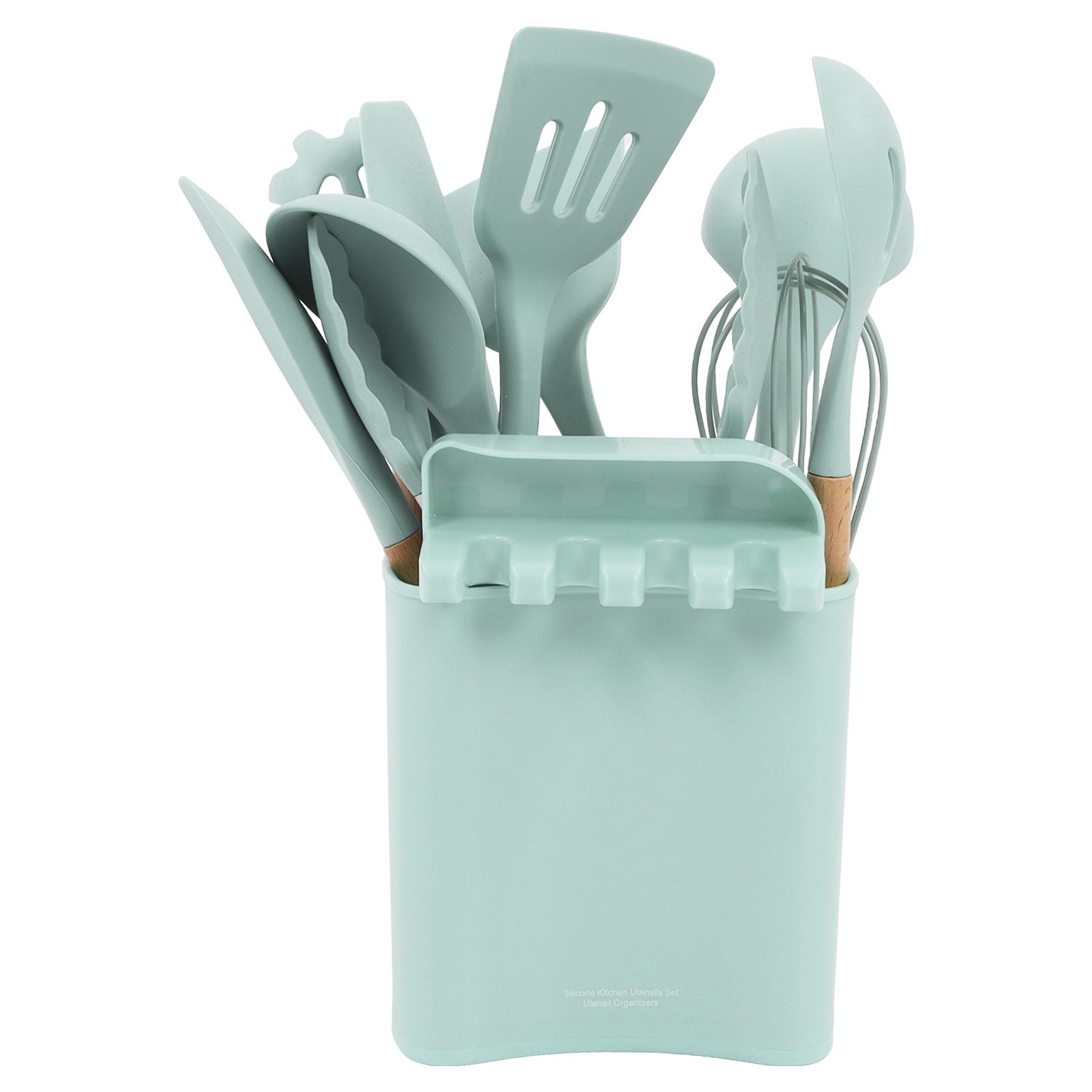 13pcs Silicone Kitchenware Wooden Handle Stick Free Spatula Spoon Cooking Utensils Set with Holder for HomeLight Green colore verde chiaro