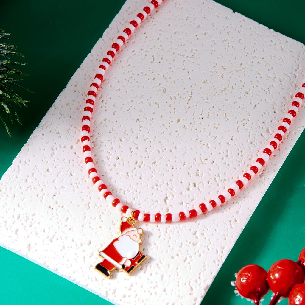 Merry Christmas Rice Beads Necklace For Women Girls Christmas Tree Snowman Santa Claus Crutch Clavicle Choker Xmas Jewelry Gifts