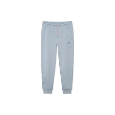 Li Ning Fitness Series Solid Color Printed Logo Loose Fit Drawstring Cuffed Fleece Sports Pants Women Bottoms Blue AKLR884-2