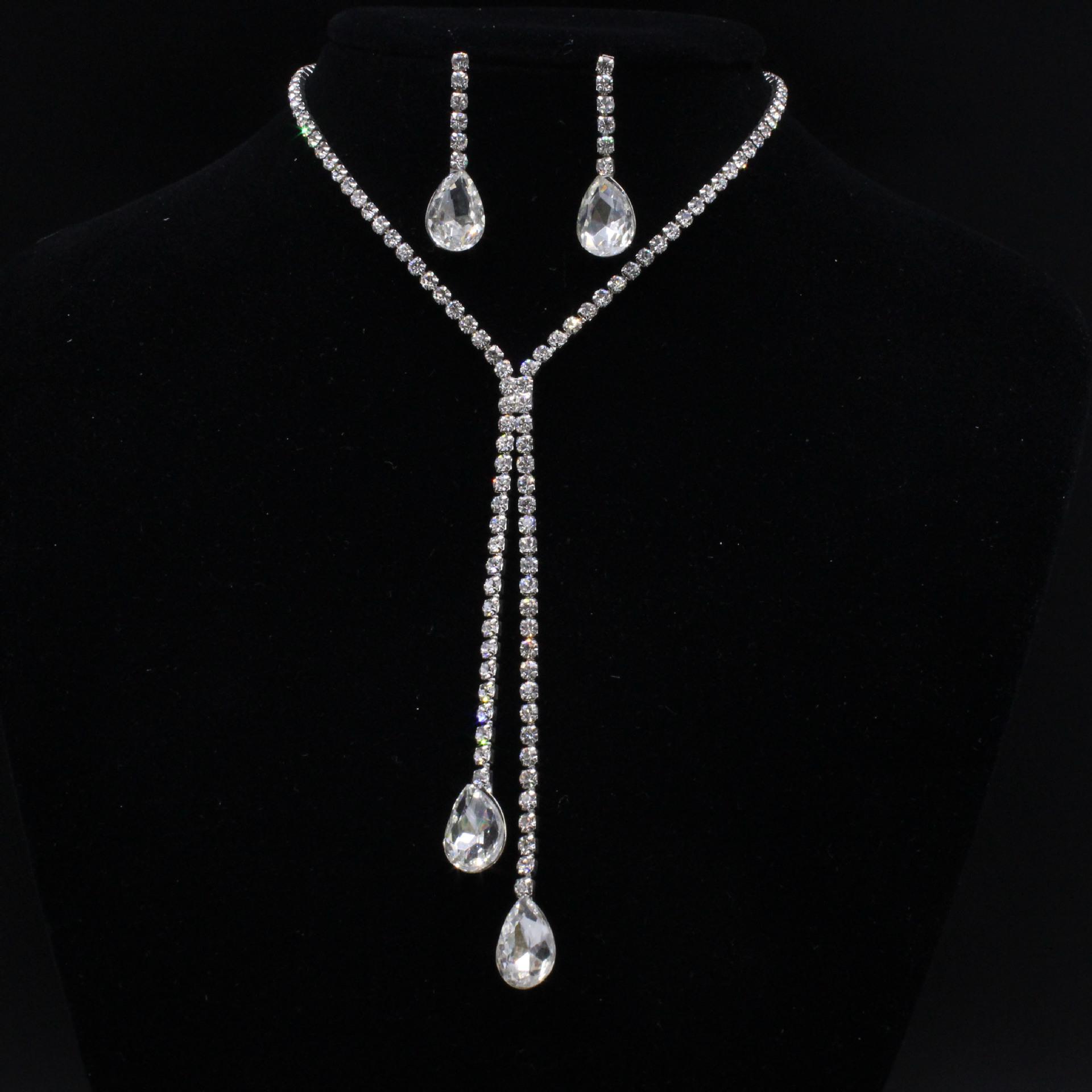 Korean Fashion Rhinestone Crystal Water Drop Bridal Necklace  Earring Set