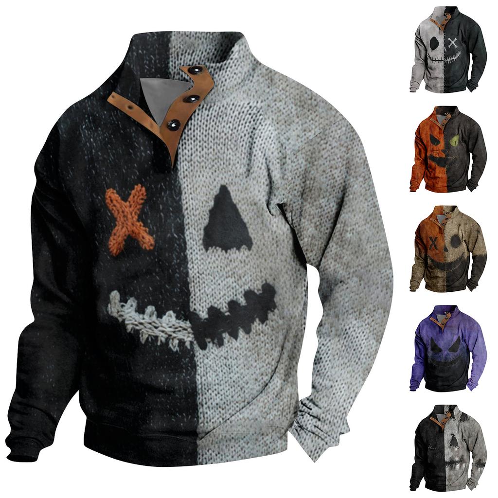 Men's Casual Fashion Christmas Printed Hoodless Sweatshirt Wide Men's Loose Button Stand Collar Hooded Sweatshirt