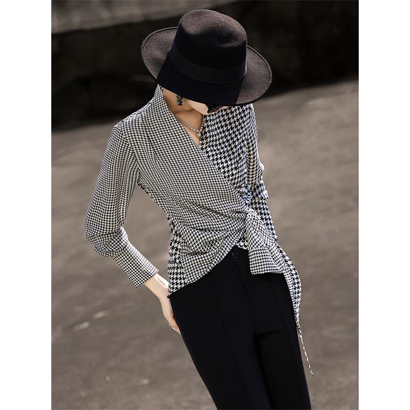 Lansere 2026 Spring V-Neck Houndstooth Blouse