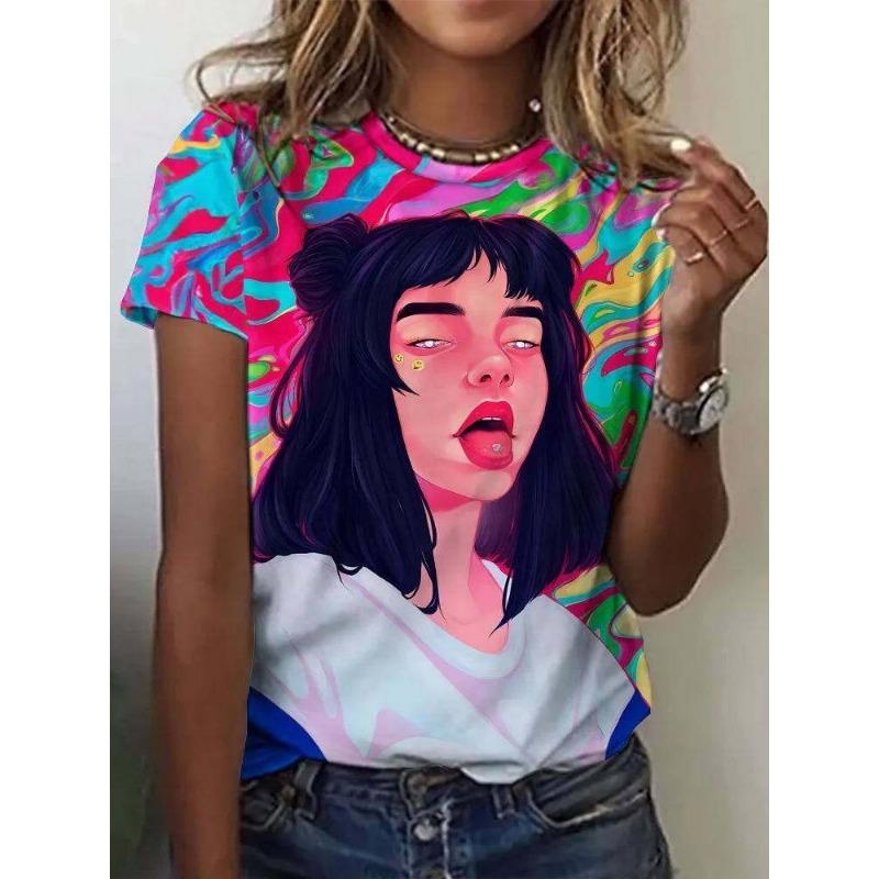 Women's round Neck Short Sleeve T-shirt Animal Print 3D Printing Street Style Loose Fit Summer Casual Wear Polyester Material