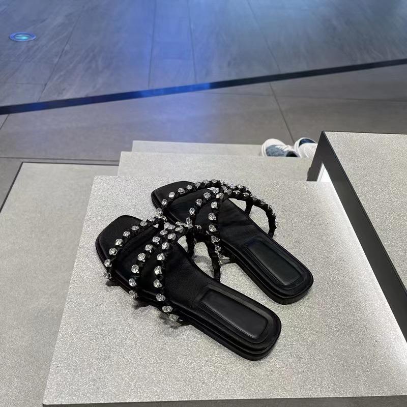 Small C Home K Summer New Women's Shoes Inlaid with Diamonds Square Head Cool Slippers Flat Slippers Women