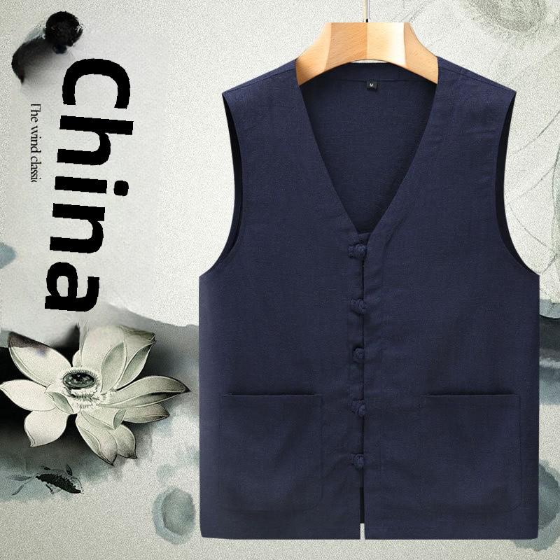 Men's Summer Linen Tang Suit Vest - Lightweight, Loose Fit, Sleeveless, Perfect for Middle-aged and Elderly.
