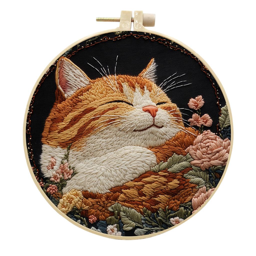 1pc Kitten and Flower Pattern Embroidery DIY Fabric Craft Kit with Tools