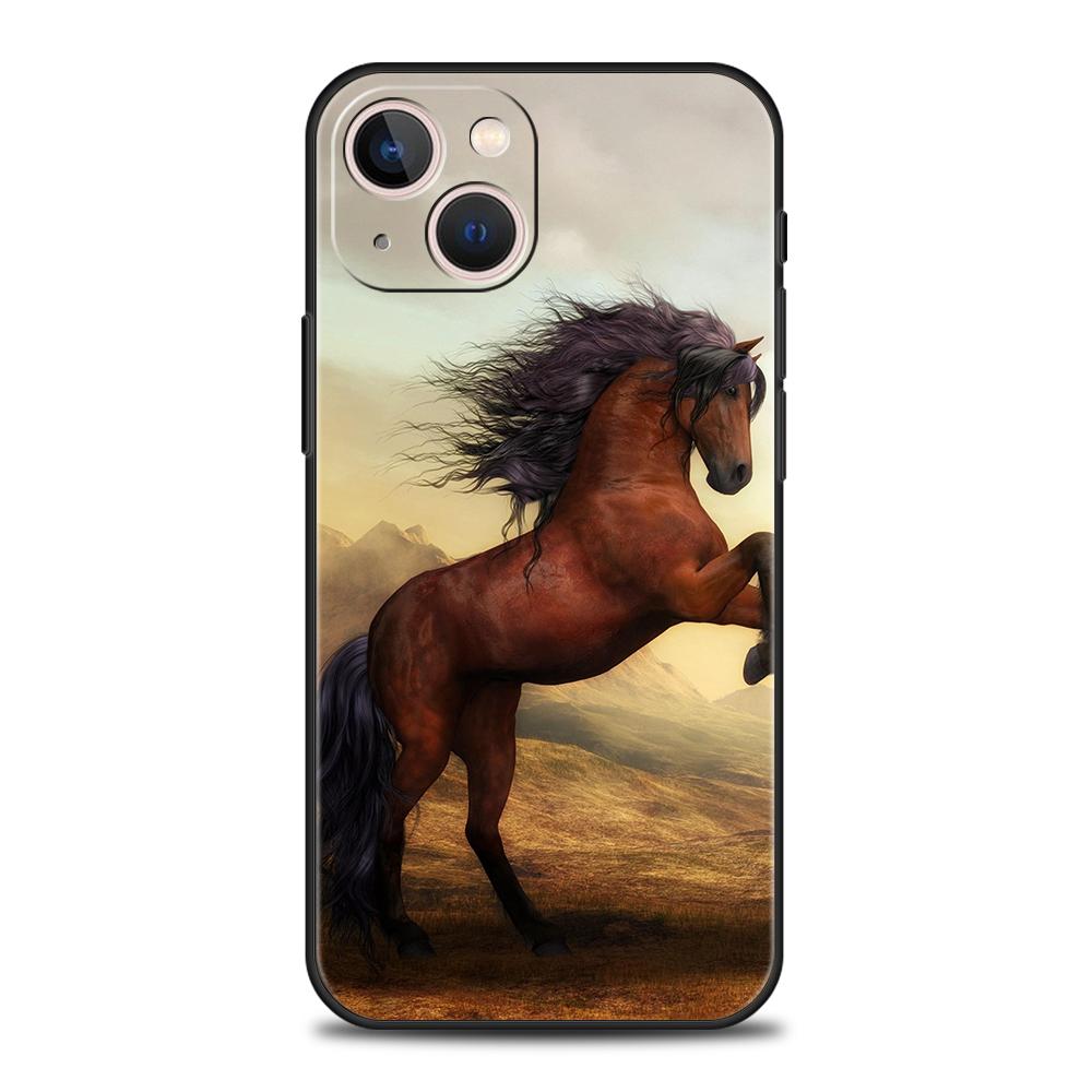 Luxury TPU Soft Phone Case For iPhone 16 11 15 14 Pro MAX 12 13 7 8 Plus X XR XS SE 2022 Black Cover Horse Animal
