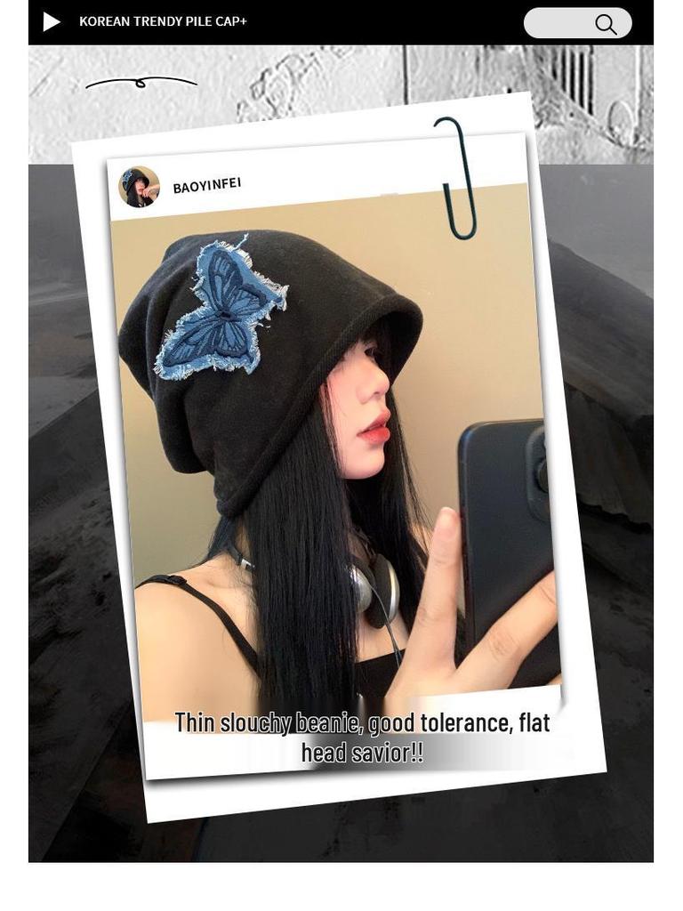 Women's Butterfly Retro Knitted Hat - Autumn/Winter Warm, Solid Color, Rolled Edge Pullover, Small Face Enhancing Design
