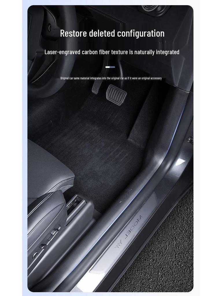 Tesla Model YL Accessories: Updated 6-Seater Door Sill Strips, Center Console Anti-Kick Panels, and Front/Rear Seat Protectors.