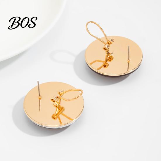 French Earrings 1 Pair Stud for Women, Large Round Amber Resin with Natural Color Matte Metal Edges, Exaggerated Geometric Daily Wear Party Jewelry