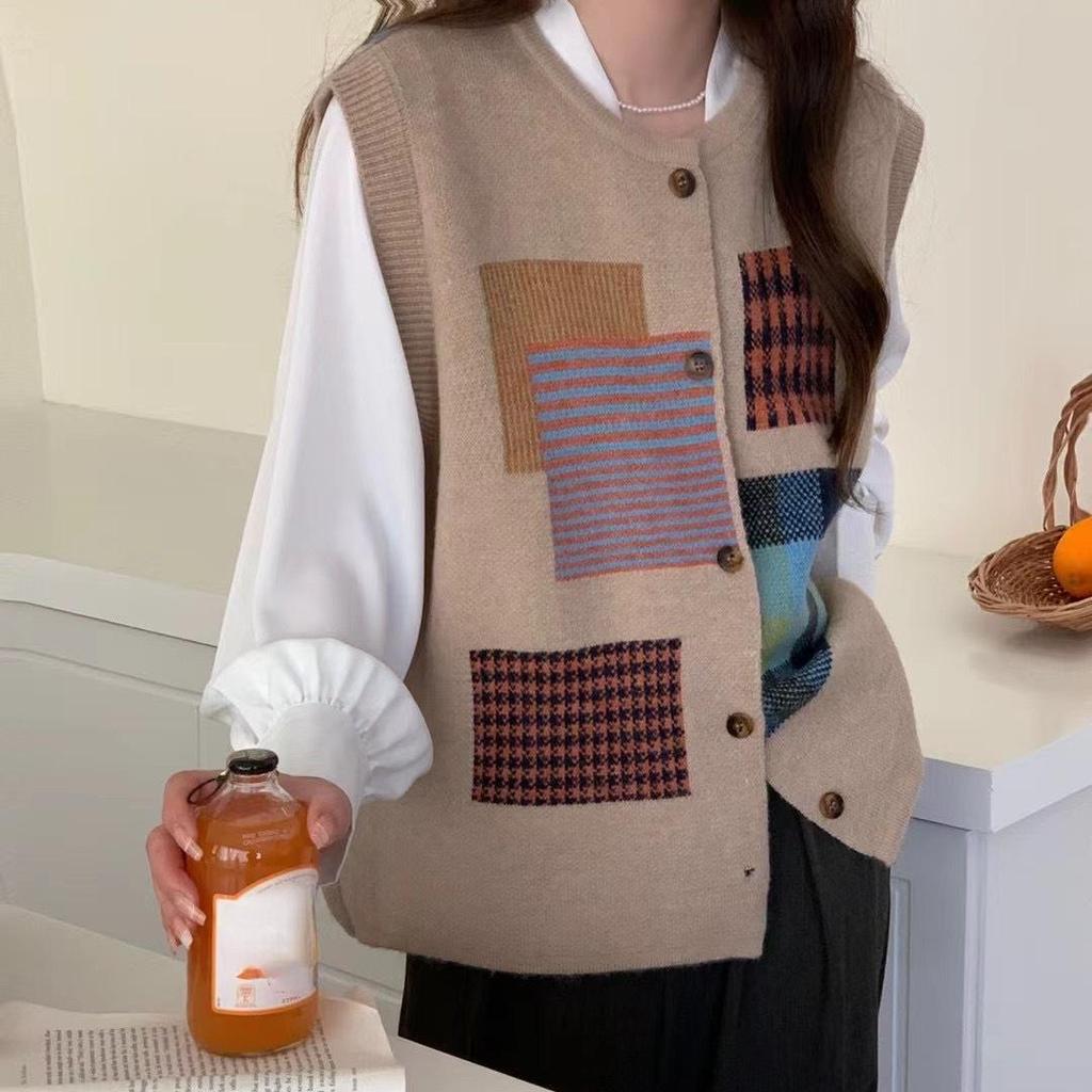 DIMANAF 2024 Winter Autumn Women Plaid Sleeveless Vest Sweaters Knitting Fashion Oversize Casual Style Loose Sweater