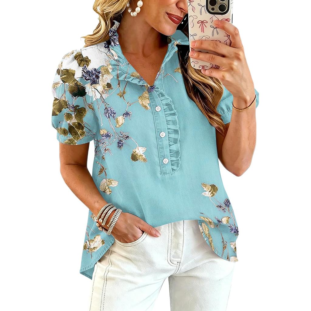 Women Ruffle V Neck Floral Print Short Sleeve Blouse Casual Loose Fit Button Down Top for Daily Office Wear