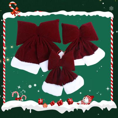 Velvet Christmas Bow Large Plush Stuffed Christmas Tree Hanging Bow with Fluffy White Fur Trim for Holiday Tree Fireplace Party Decoration