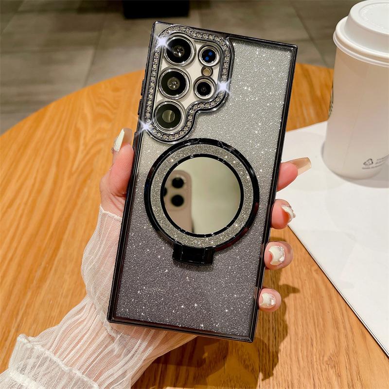 Applicable to Samsung S26Ultra mobile phone case, rhinestone glitter powder, magnetic mirror bracket S25 anti-drop soft case A56