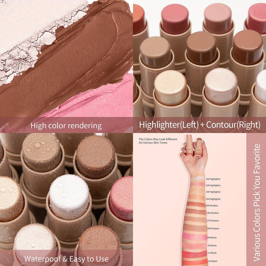 Rouge-Stick in 12 Farben, matt, Highlighter-Stick, natürliches Nude-Make-up, Gesichtsdefinition, Konturierungsstick, multifunktionaler Make-up-Stick