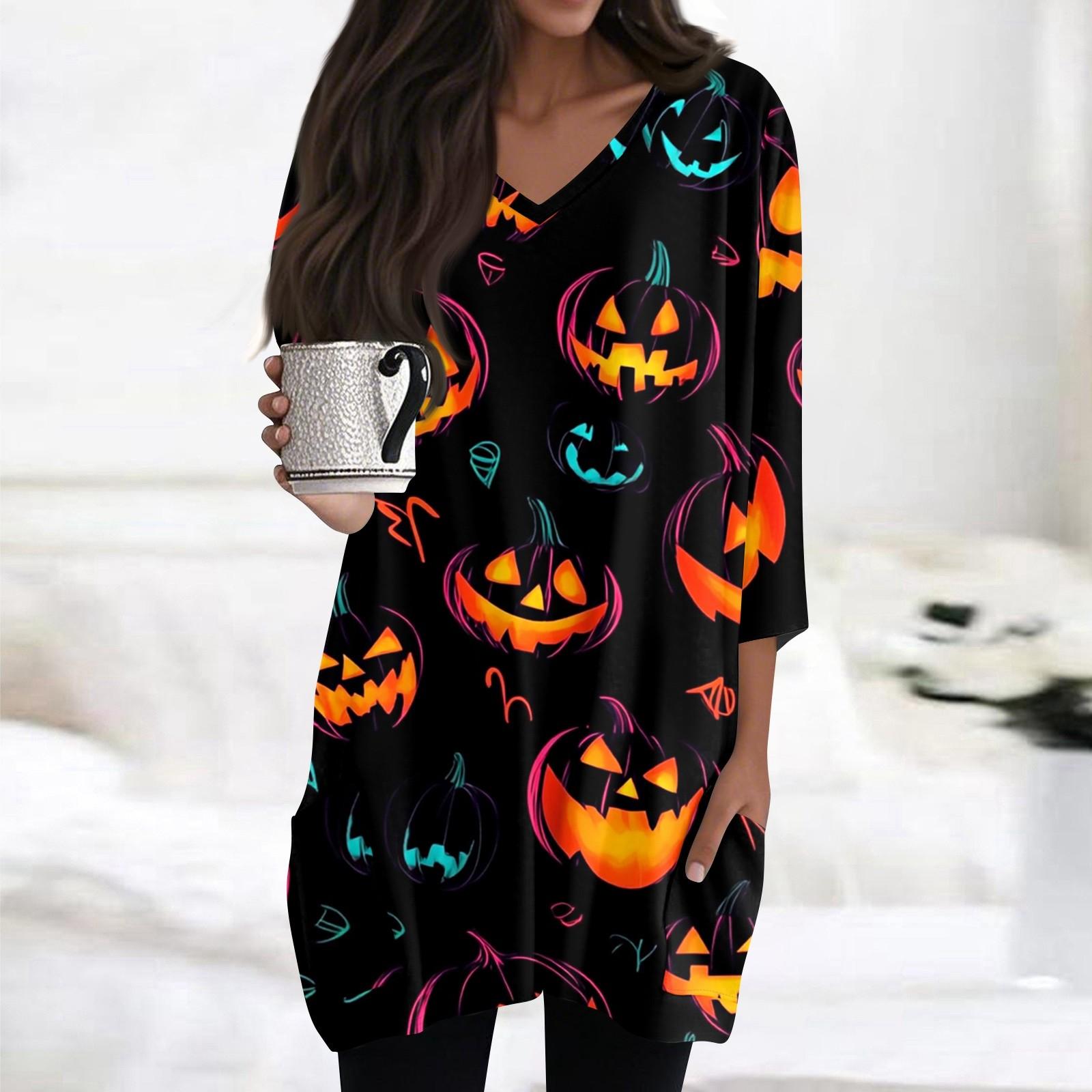 

Женские топы с V-образным вырезом и рукавом 3/4, повседневные блузки средней длины, модные туники с принтом на Хэллоуин и карманами M