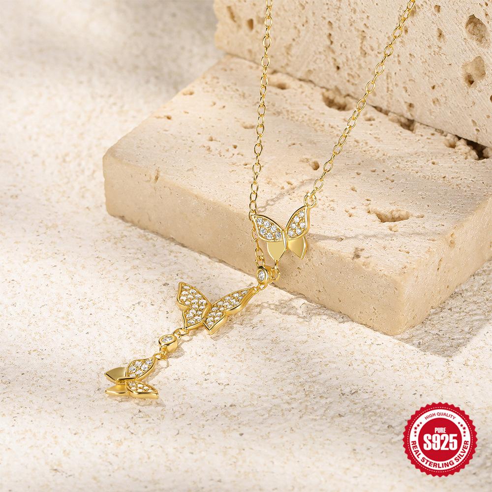 Modischer Stil S925 Sterlingsilber Super Feenhaftes Temperament Größe Schmetterling Diamant Damen Schlüsselbein Mit Halskette