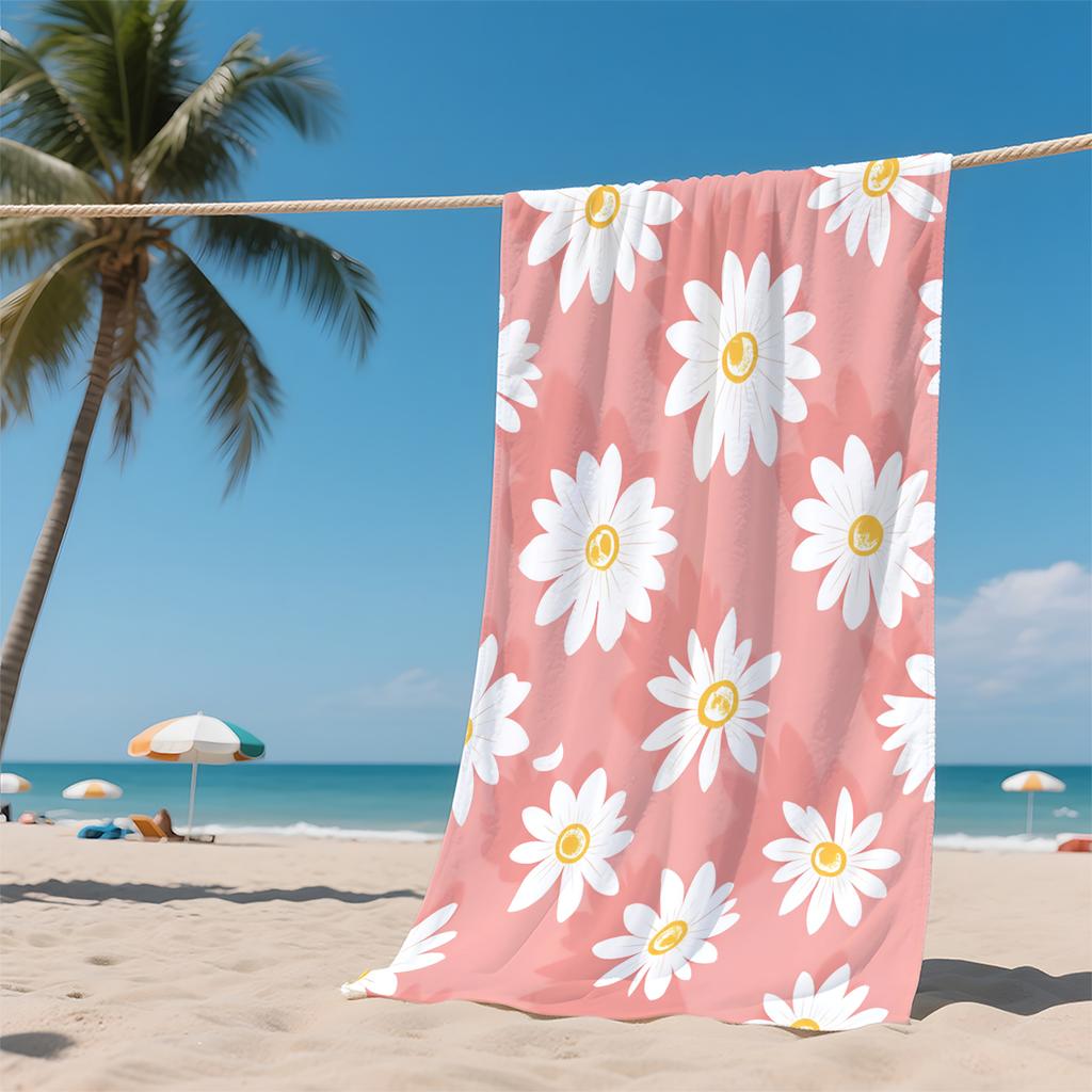 1-Piece Daisy Beach Towel-Soft microfiber, quick-drying, attractive white Daisy pattern in pink for travel, pool, yoga and ca