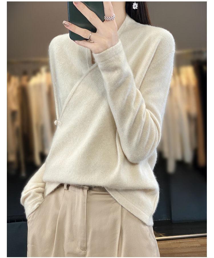 100% Pure Wool Women's Cross-Button Sweater - Trendy Autumn/Winter Base Layer Cashmere