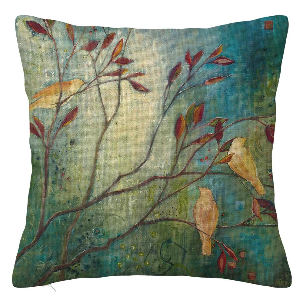 Branch Bird Flower Linen Pillowcase Sofa Cushion Cover Home Decoration Can Be Customized for You 40x40 50x50 60x60 45x45
