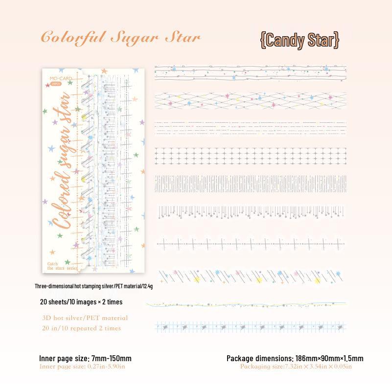 MomoPET 3D Silver-White Ink Sticker Pack: Star Catching Series Long Strip Journal Decor