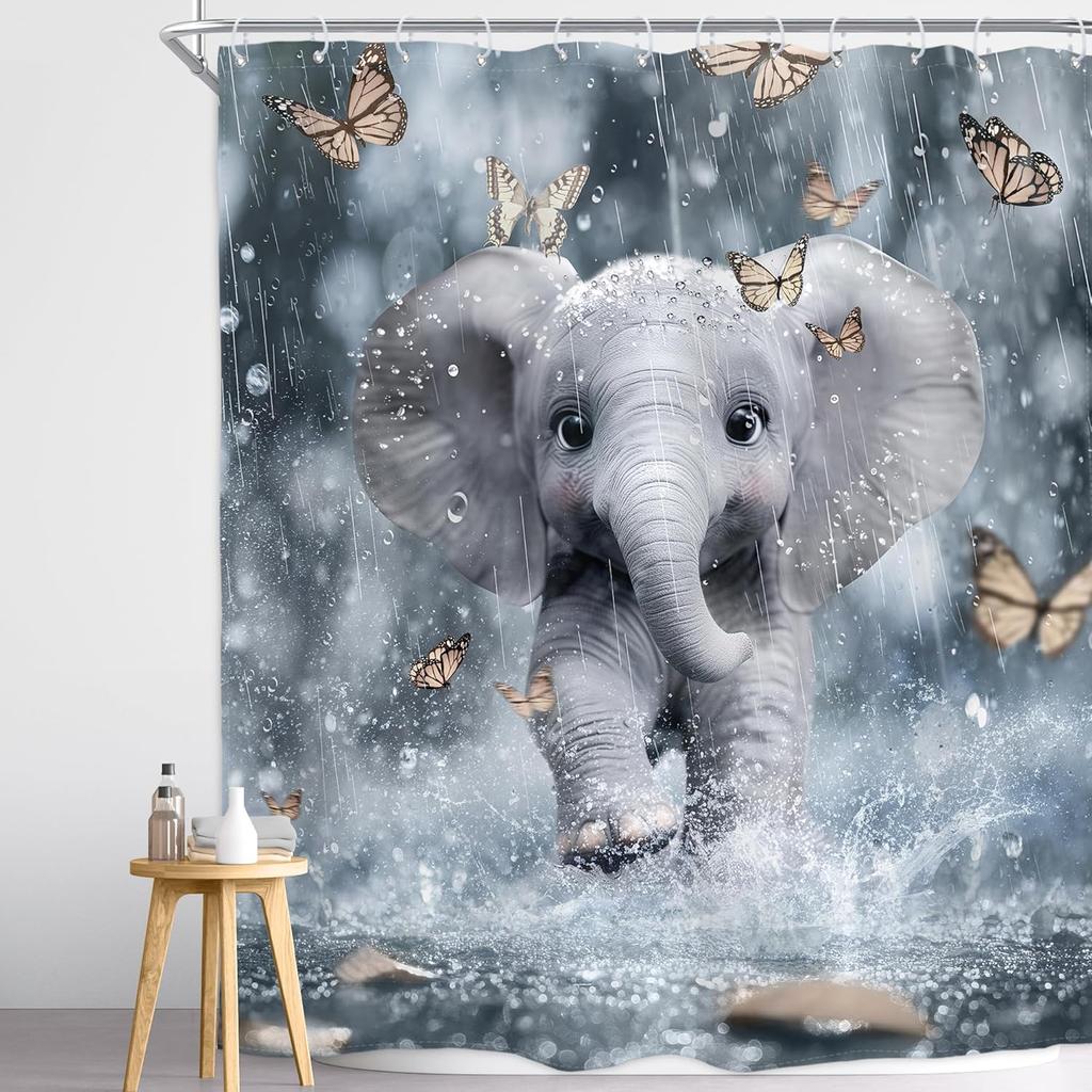 Cute Baby Elephant Shower Curtain Butterfly Rain Scene Bathroom Decor Adorable Animal Bath Curtain for Kids Room Decoration