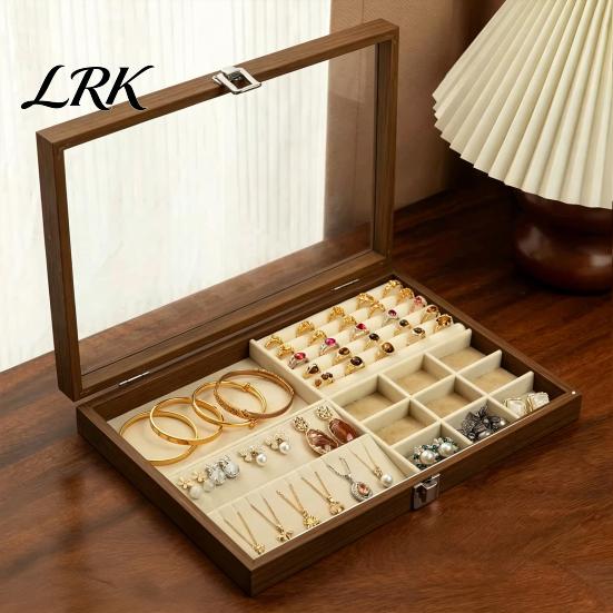 Jewelry Box with Partitions Ring Storage Box, Durable Wood Compartmentalized Design, Soft Neat And Orderly Velvet Interior Multi-grid Organizer,