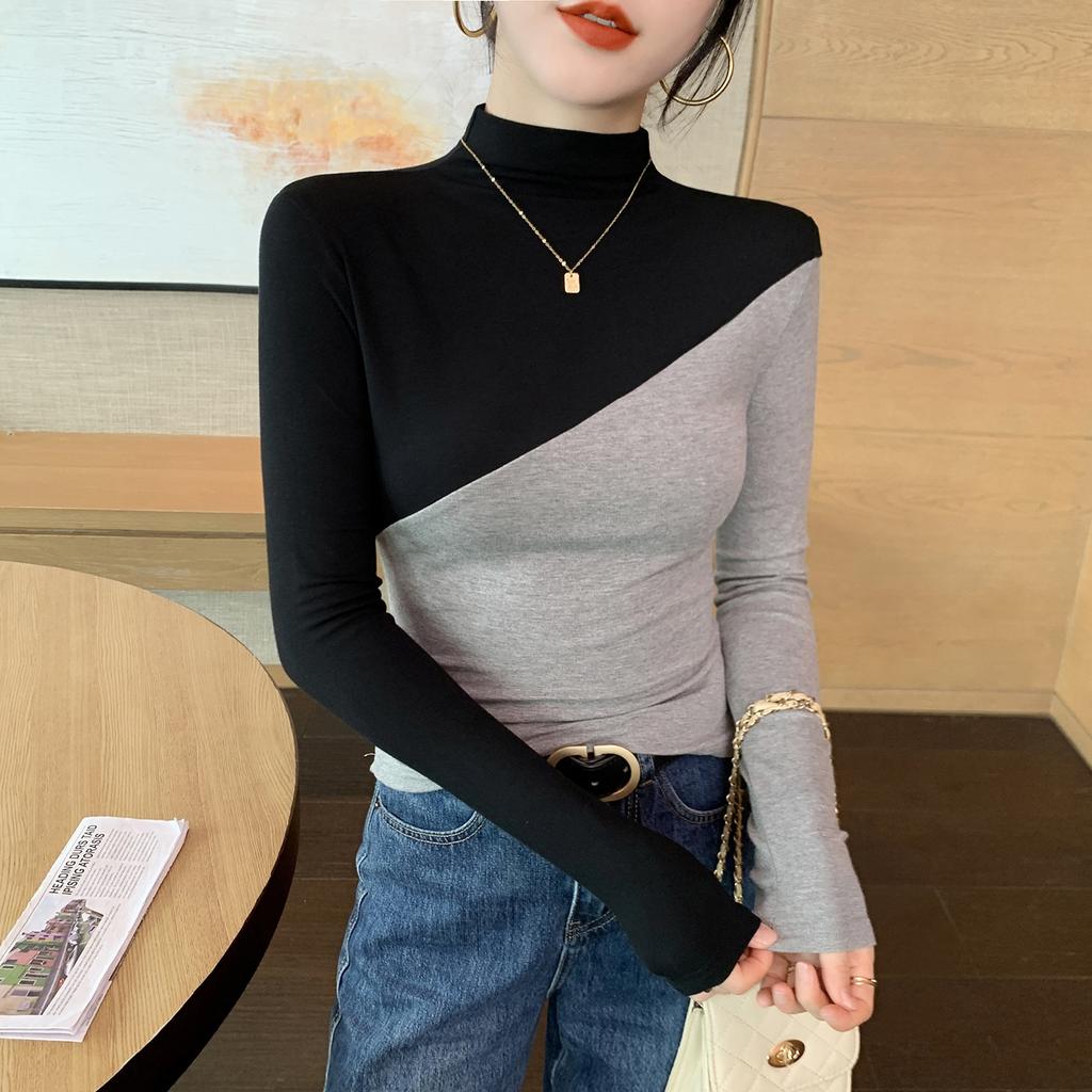 Half High Collar Bottoming Shirt Women's Inner Wear New Slim Fit Western Style Long Sleeve T-shirt High Sense of Stitching Contrast Color Top