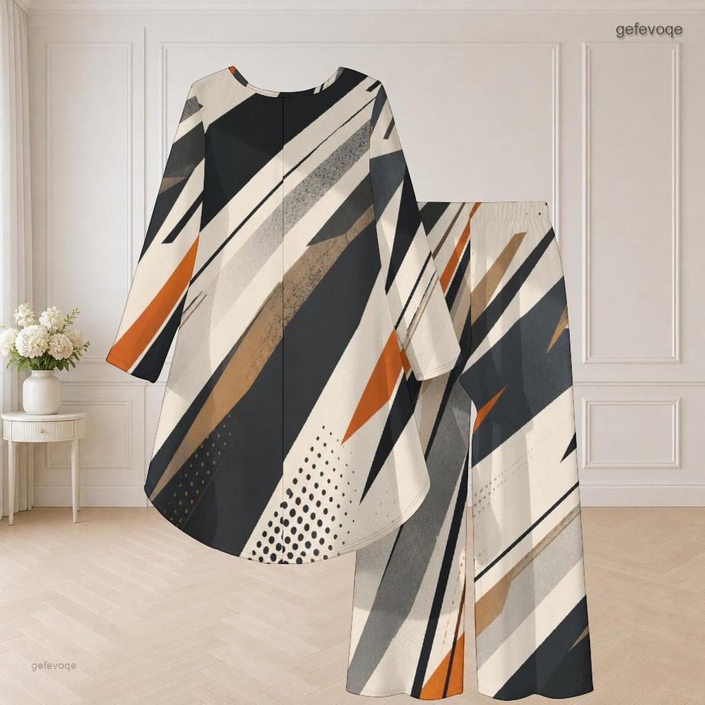 Women Plus Size Round Neck Long Sleeve Printed Navy Blue White High Low Top Wide Leg Pants Two Piece Set