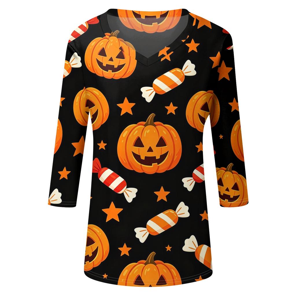 Women Casual Halloween Print V Neck Three Quarter Sleeve Top Lightweight Comfortable Fit Stylish Design for Daily Wear