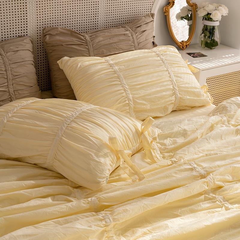 

High Quality Cotton Pillow Case Room Sleeping Pillowcase Home Bedding Pillow Cover Solid Color Korean Pleated Style Pillowcase 2pcs pillowcase жовтий