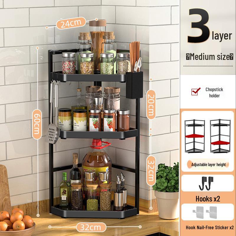 Corner Wall-Mounted Kitchen Spice Rack - No-Drill, Triangle Design for Countertop and Pendant Storage.