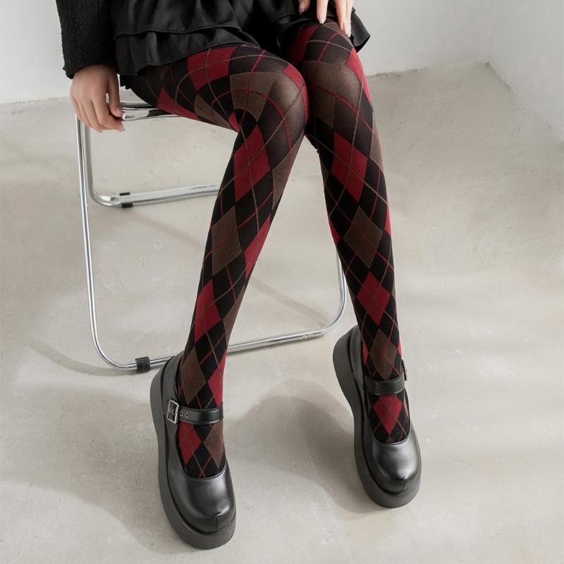 Dames Argyle Ruitpatroon Panty Ademend Nylon Stof OnDoorzichtig Maillot Kousen Stijlvolle Contrastkleur Leggings