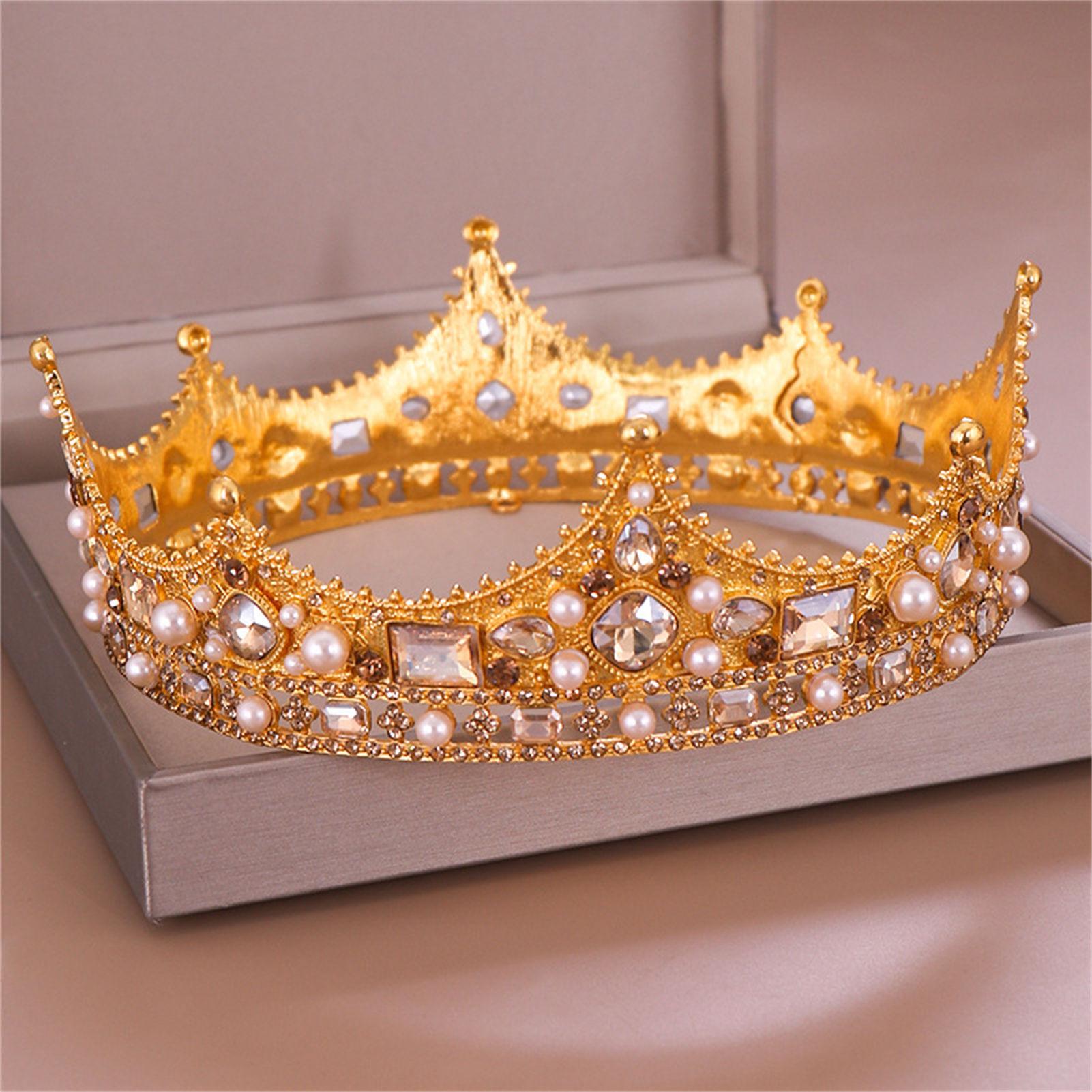 

Alloy Crown Tiara Retro Bridal Rhinestone Round Crown Pearl Crystal Decoration For Wedding Bride Prom Party Hair Accessories золотий