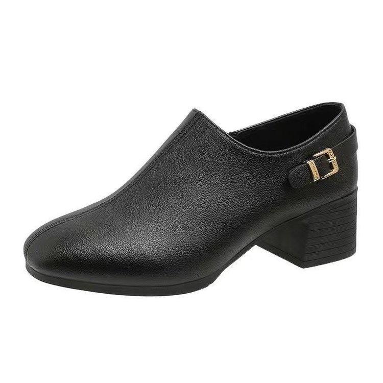2025 new thick heel deep mouth single shoes women's autumn British style medium heel soft leather shoes square head high heel soft leather women's sho