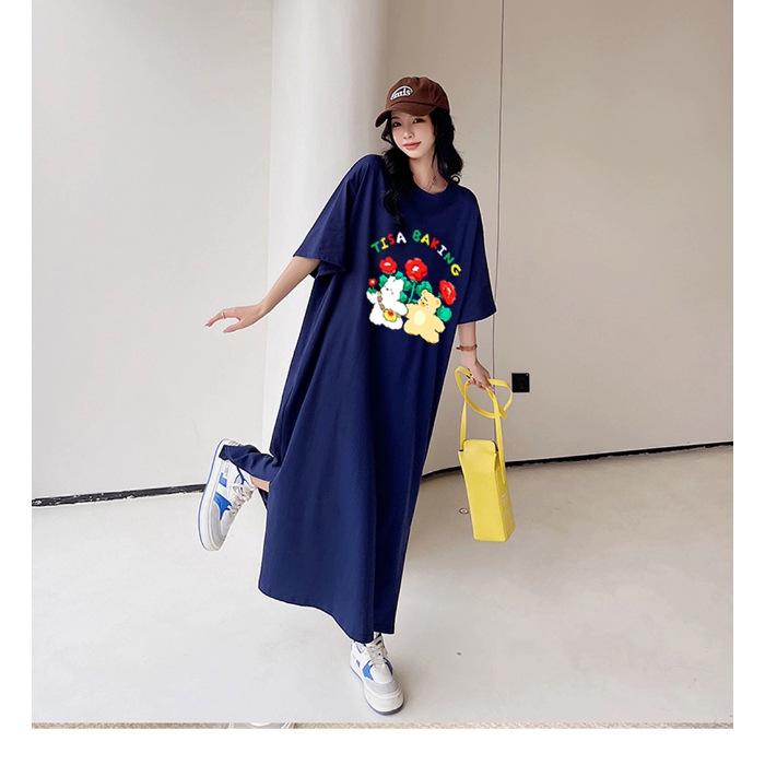 

YYFS Женская мода лето весна цветочный узор принт рукава 1/2 О-образный вырез свободная талия повседневные платья XXXXL тёмно-синий