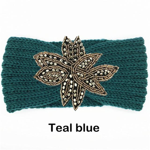 Crystal Beaded Flower Knit Headband For Women Winter Wool Ear Warmer Hairband Turban Headwrap Hair Accessories Bandeau