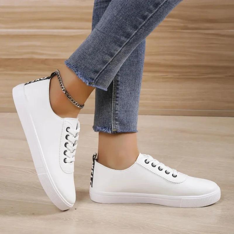 Off White Shoes Sneakers Women Lace-up Shallow White Leather Shoes Versatile Soft Sole Running Walking Zapatos Student Campus