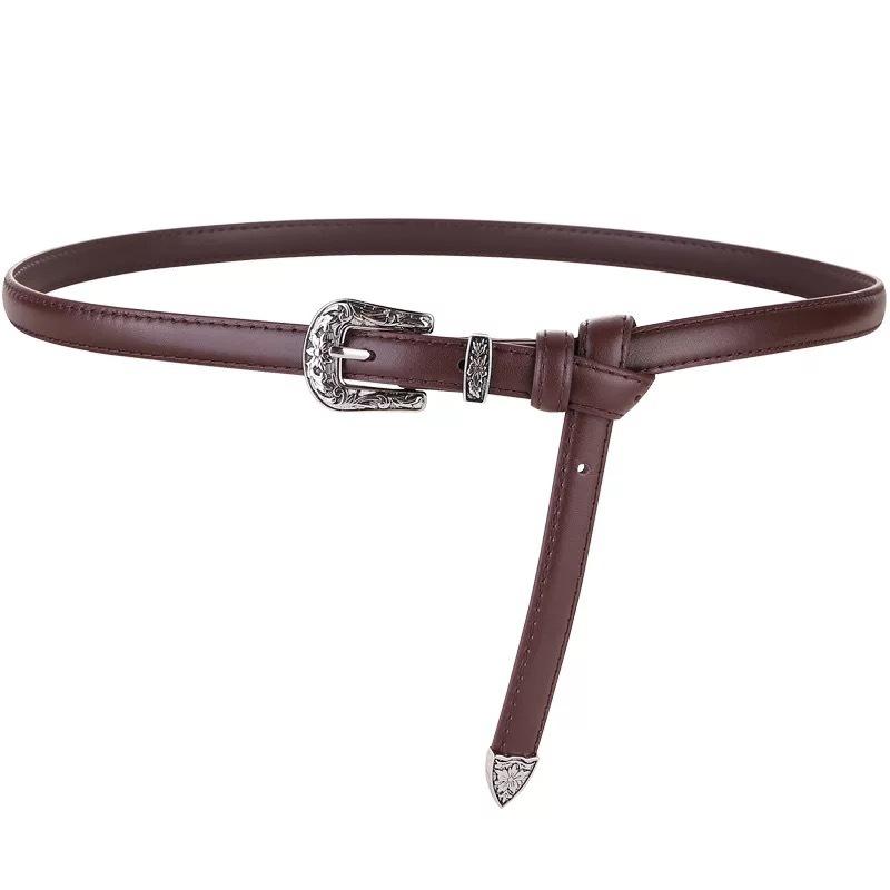 

Top-grain leather skinny belt, knotted decorative belt for jeans and skirts, genuine leather women s thin belt 105cm темно-коричневого кольору