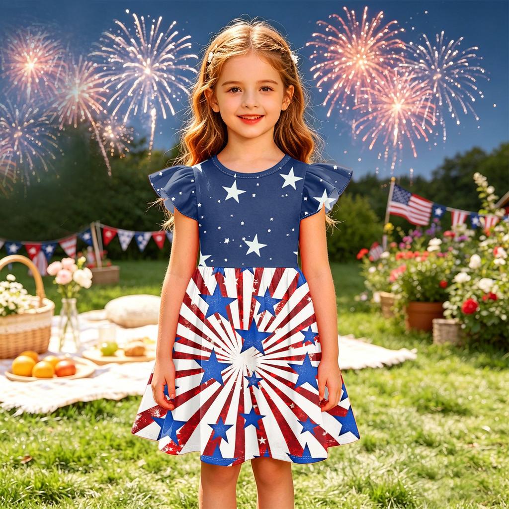 Meisjes Jurk met Ruches Mouwen Onafhankelijkheidsdag Genaaid Sterrenprint Casual Feestjurk Lichtgewicht Zachte Stof Zomerjurk voor Kinderen