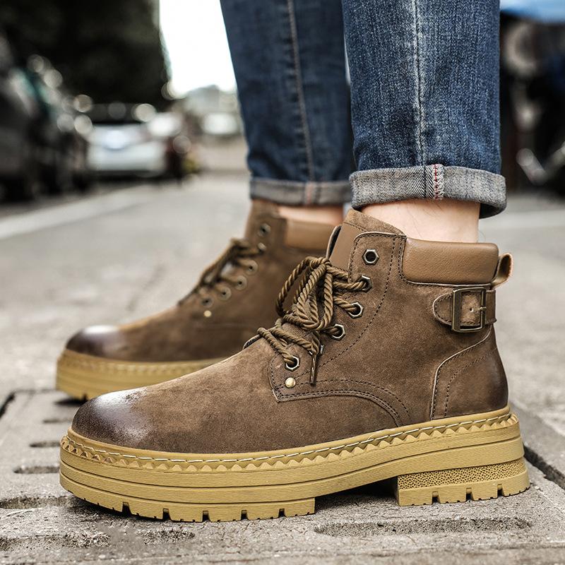 Martin Boots Men's Autumn British Retro Leather Heightening Locomotive Leather Boots Sports Big Head High Top Boots Velvet