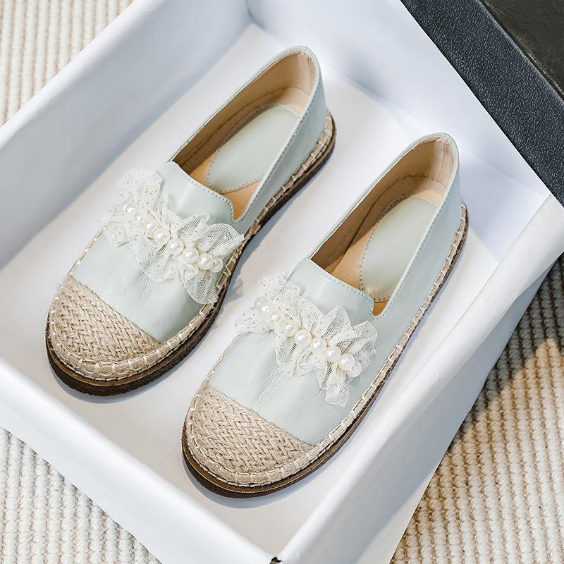 

Эспадрильи с кружевом и жемчугом, женская обувь 2024 года, натуральная кожа, балетки, удобные лоферы, женская обувь для рыбалки, мокасины из конопли, женские, большой размер 5 светло-зеленый