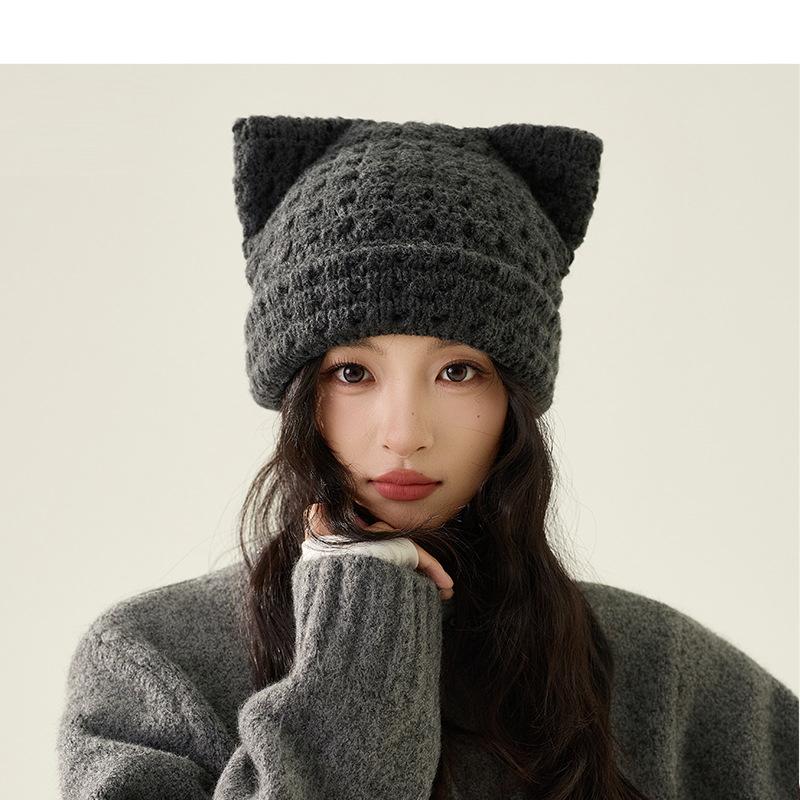 Katzenohren Wollmütze Herbst Winter Großer Kopf Warm Ohrenschutz Strickmütze